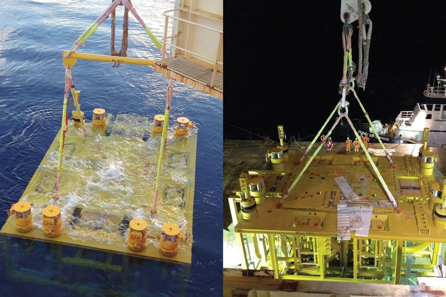 Lowering subsea installation into water with Cortland lifting slings